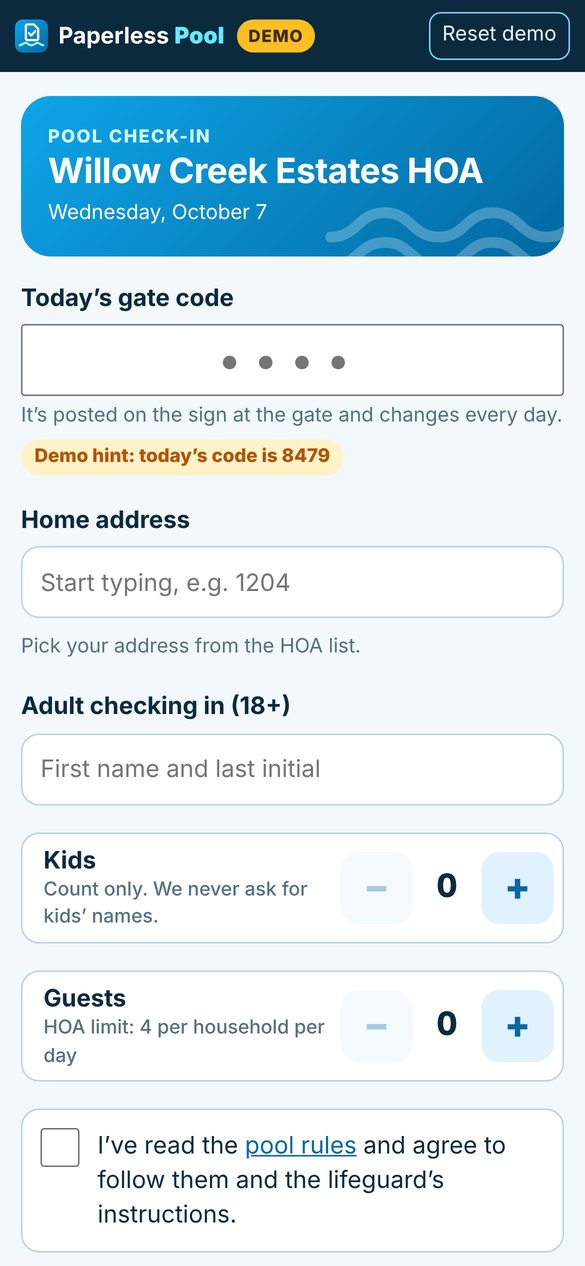 Resident check-in screen on a phone: gate code, address, adult name, kids count and guest count